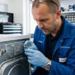 Technicien examinant la plaque signalétique d'un appareil électroménager pour identifier qui fabrique la marque Coldis dans un atelier.