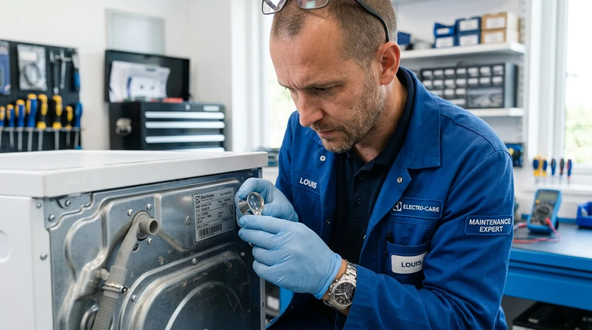 Technicien examinant la plaque signalétique d'un appareil électroménager pour identifier qui fabrique la marque Coldis dans un atelier.