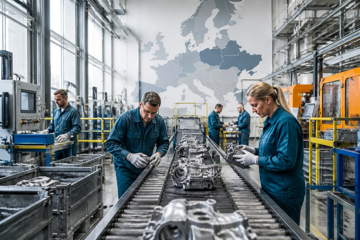 Réseau industriel européen de fabrication de pièces automobiles, évoquant les sites qui fabriquent la marque NTY