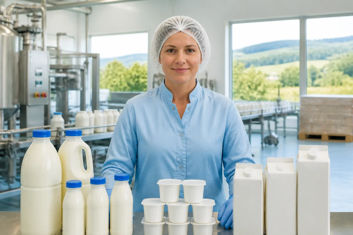 Ouvrière présentant des produits laitiers génériques dans une usine agroalimentaire moderne aux cuves inox.