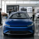 Voiture compacte moderne sans logo dans un studio automobile, entourée de concepteurs et ingénieurs devant des plans techniques