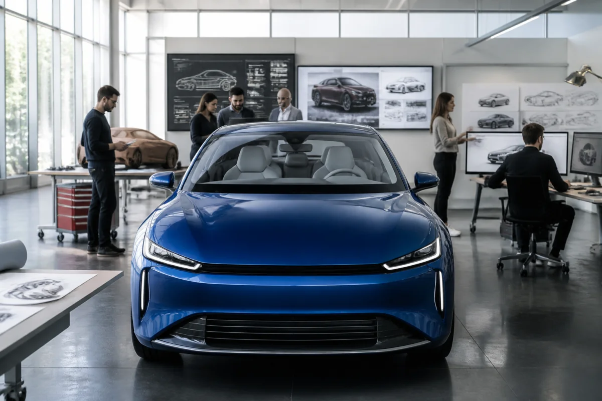 Voiture compacte moderne sans logo dans un studio automobile, entourée de concepteurs et ingénieurs devant des plans techniques