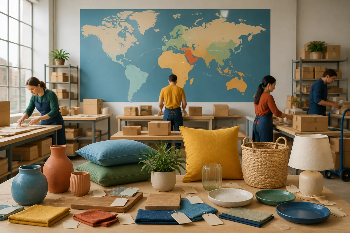 Produits d’ameublement King d’Home dans un atelier industriel, avec carte mondiale illustrant les zones de fabrication
