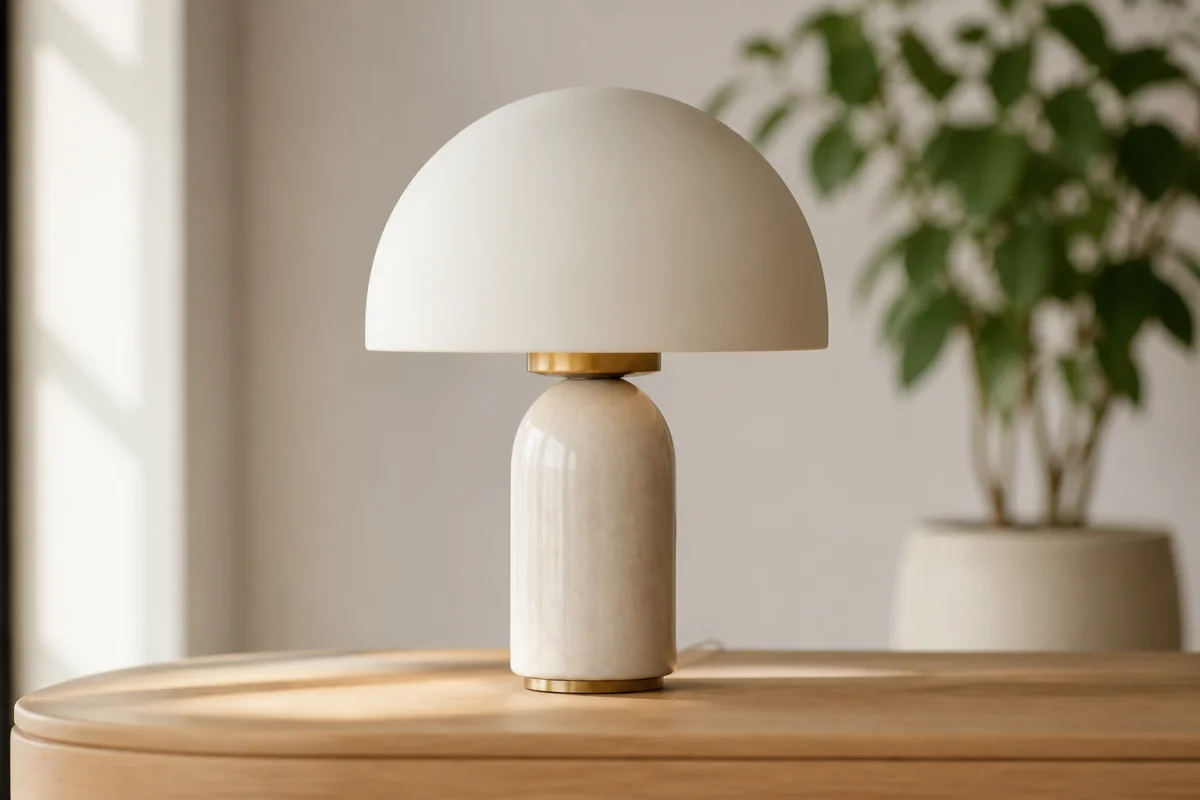 Lampe de table design au style minimaliste sur support en bois pour illustrer notre avis Lasora lumière.
