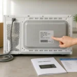 Plaque signalétique d’un appareil électroménager King d’Home indiquant fabricant, modèle et code produit en cuisine.