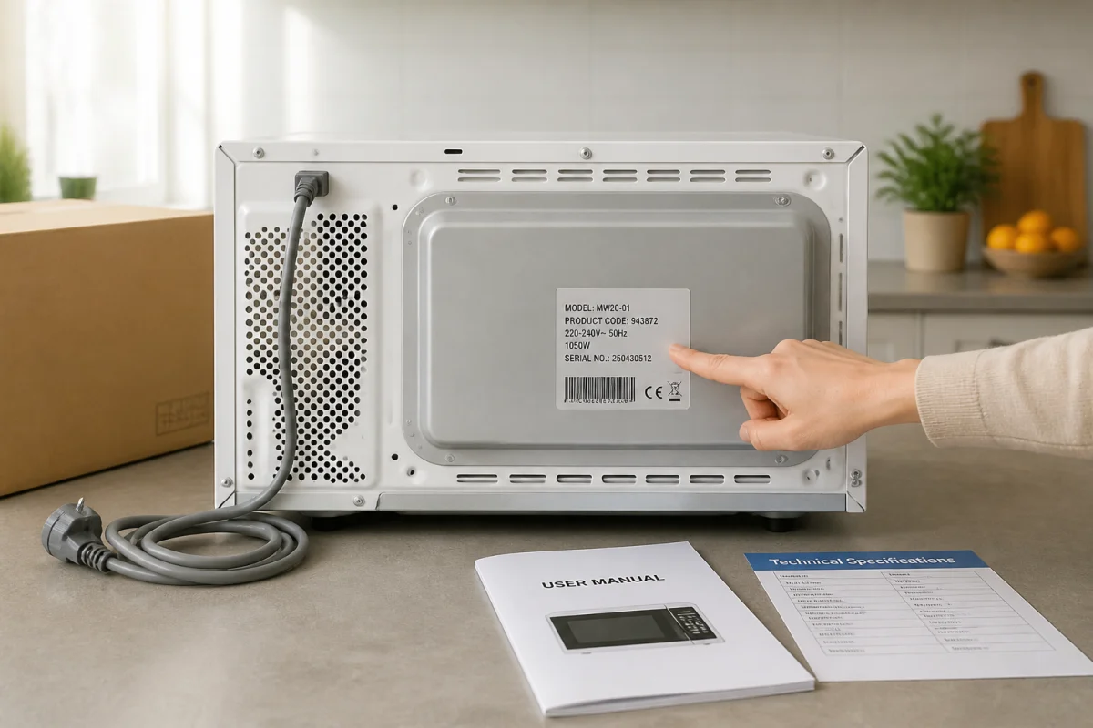 Plaque signalétique d’un appareil électroménager King d’Home indiquant fabricant, modèle et code produit en cuisine.