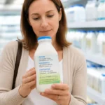 Consommateur lisant l’étiquette d’un produit laitier pour vérifier son origine et sa composition en supermarché
