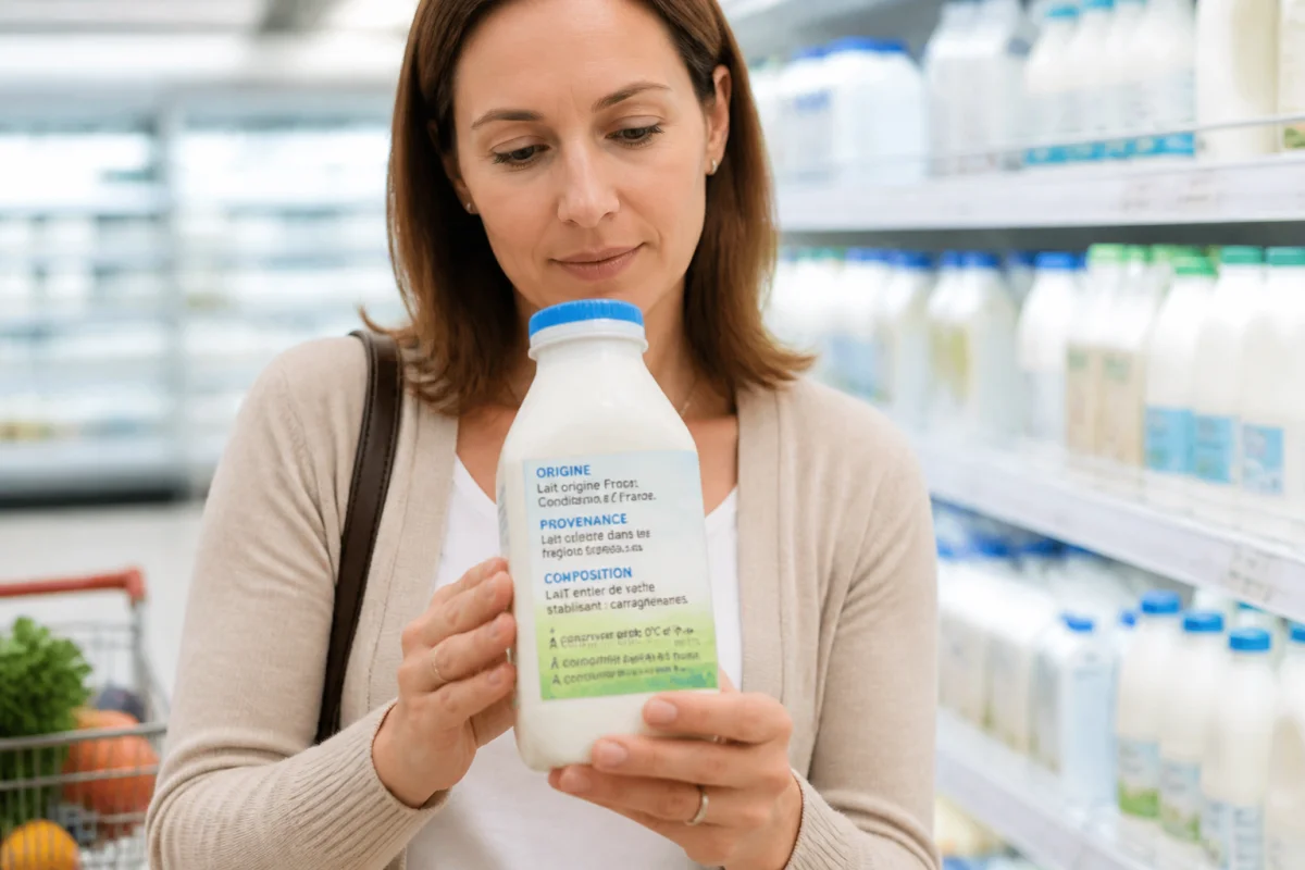 Consommateur lisant l’étiquette d’un produit laitier pour vérifier son origine et sa composition en supermarché