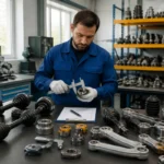 Contrôleur qualité inspectant des pièces automobiles NTY de transmission, suspension et direction dans un atelier industriel moderne.