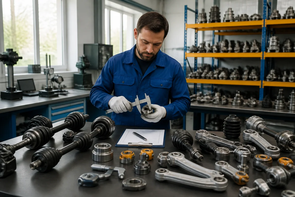 Contrôleur qualité inspectant des pièces automobiles NTY de transmission, suspension et direction dans un atelier industriel moderne.