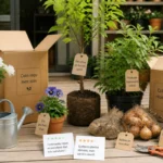 Commande Willemse reçue avec plantes, jeunes arbres et accessoires de jardinage, certains éléments légèrement fragilisés