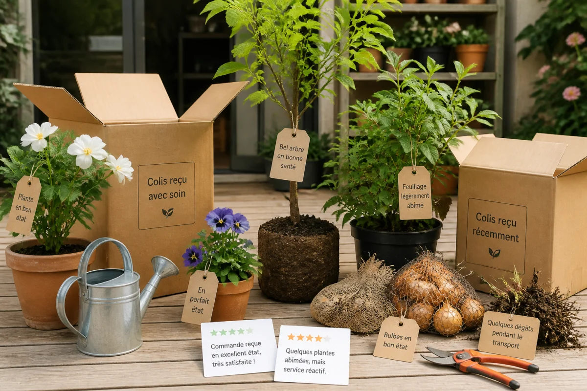 Commande Willemse reçue avec plantes, jeunes arbres et accessoires de jardinage, certains éléments légèrement fragilisés