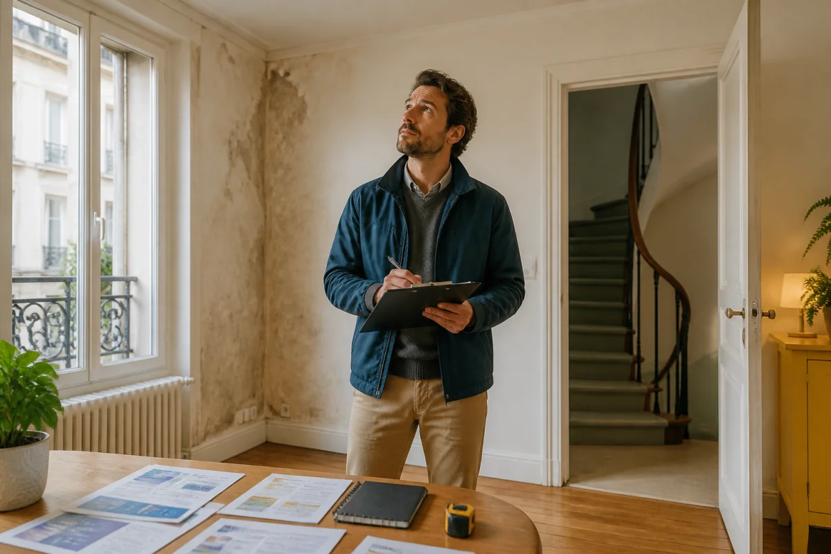 Acheteur inspectant méthodiquement un appartement avec checklist, évaluant murs, sol et traces d’humidité avant d’acheter un bien immobilier