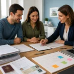 Couple d’acheteurs préparant leur achat immobilier avec une conseillère, documents financiers et calendrier des étapes sur la table