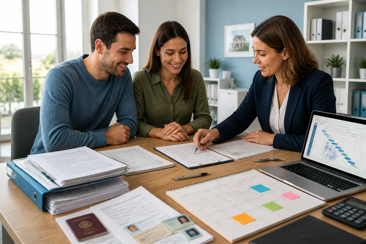 Couple d’acheteurs préparant leur achat immobilier avec une conseillère, documents financiers et calendrier des étapes sur la table