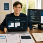 Candidat en informatique présentant son portfolio de projets sur ordinateur portable pour une candidature en alternance