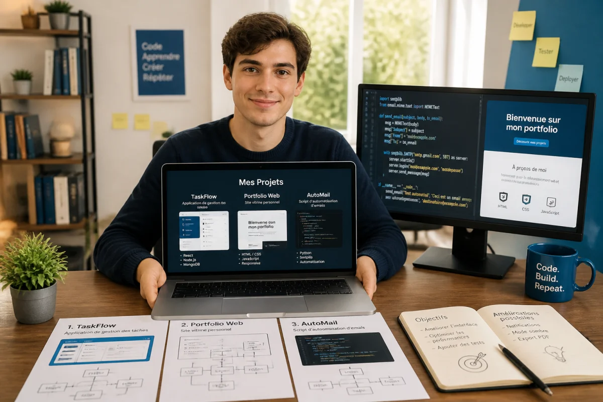 Candidat en informatique présentant son portfolio de projets sur ordinateur portable pour une candidature en alternance