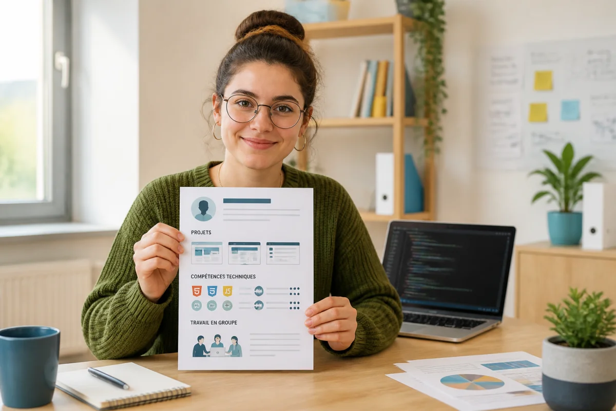 Jeune candidat en informatique présentant son CV, entouré d’un ordinateur et de documents, pour réussir sa candidature en alternance.