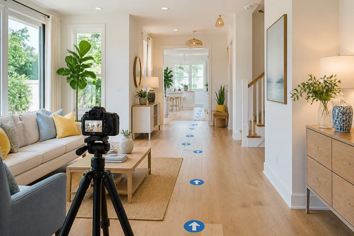Maison soigneusement préparée avant vente, salon rangé et parcours de visite dégagé vers l’entrée