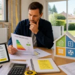 Acheteur préparant son budget achat maison avec DPE, travaux de rénovation et coûts estimés devant une maison individuelle