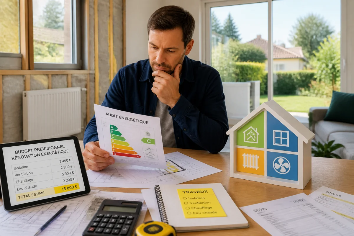 Acheteur préparant son budget achat maison avec DPE, travaux de rénovation et coûts estimés devant une maison individuelle