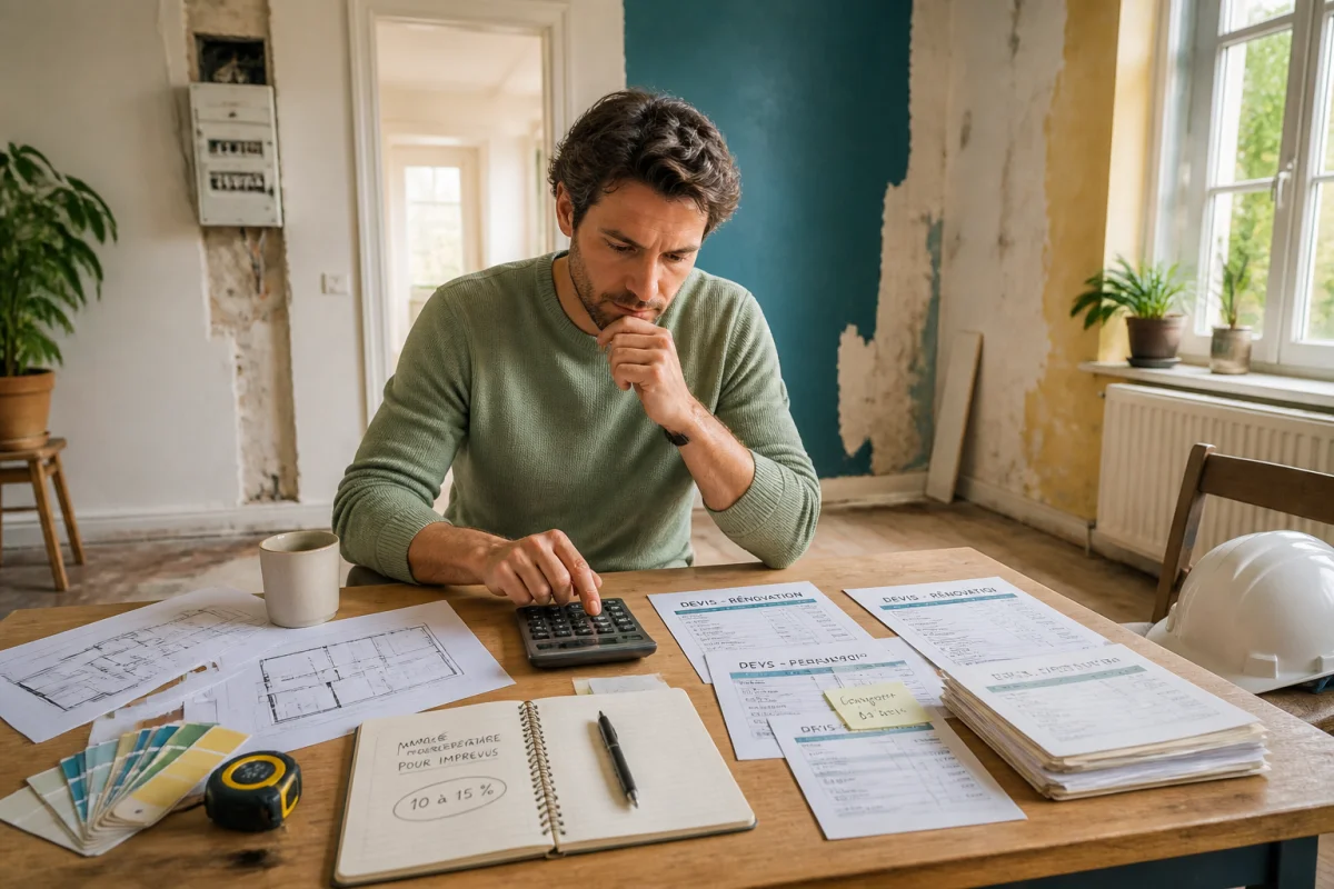 Propriétaire évaluant le budget d’achat d’une maison avec devis, calculatrice, plans de rénovation et marge pour imprévus