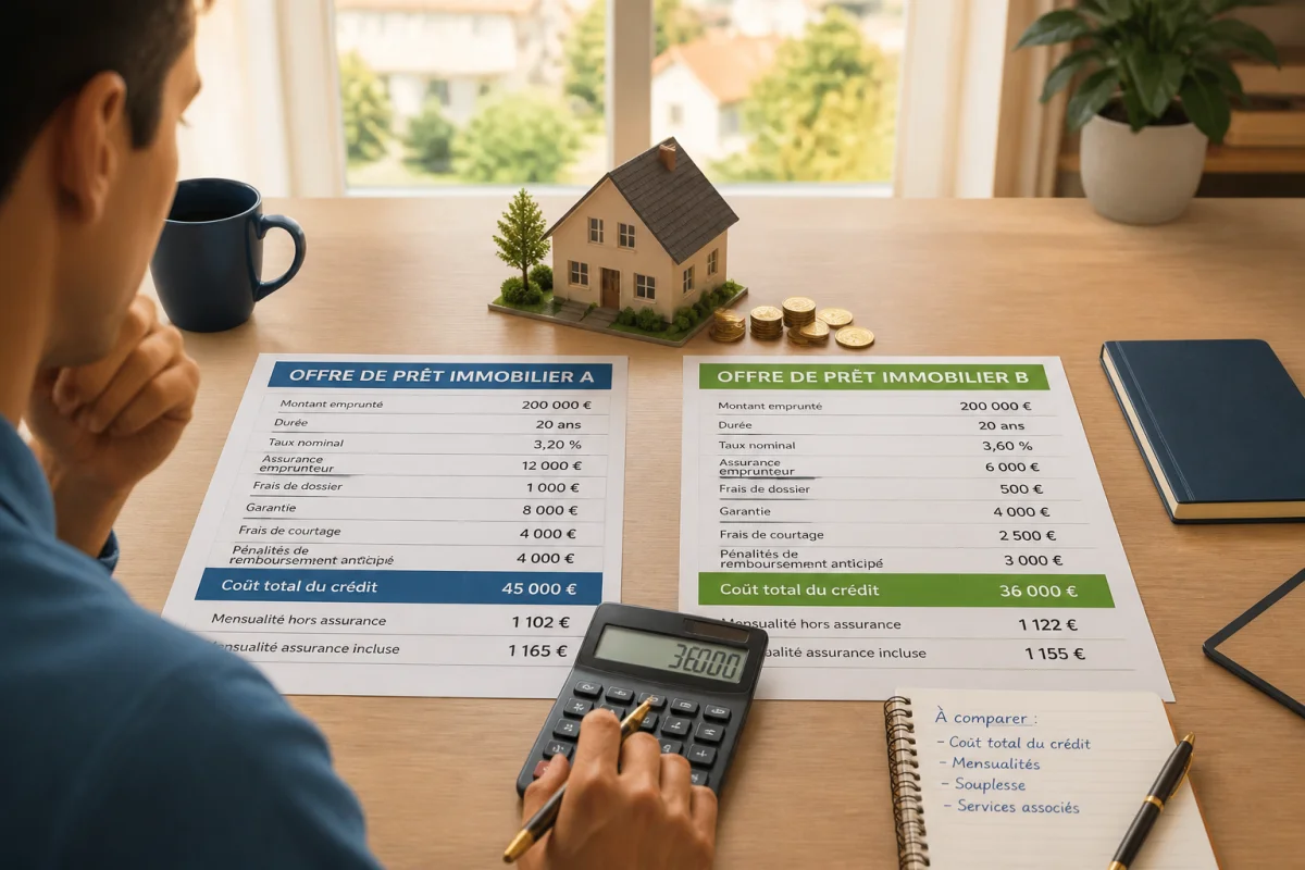 Comparer deux offres de crédit immobilier avec calculateur, tableaux de frais et maquette de maison pour choisir sa banque.