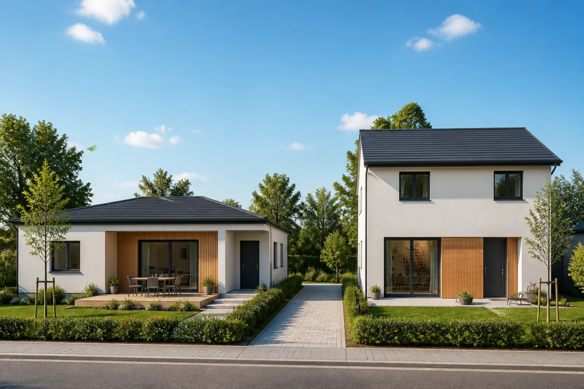 Deux maisons neuves contemporaines comparées dans un lotissement résidentiel pour construire sa maison neuve sereinement