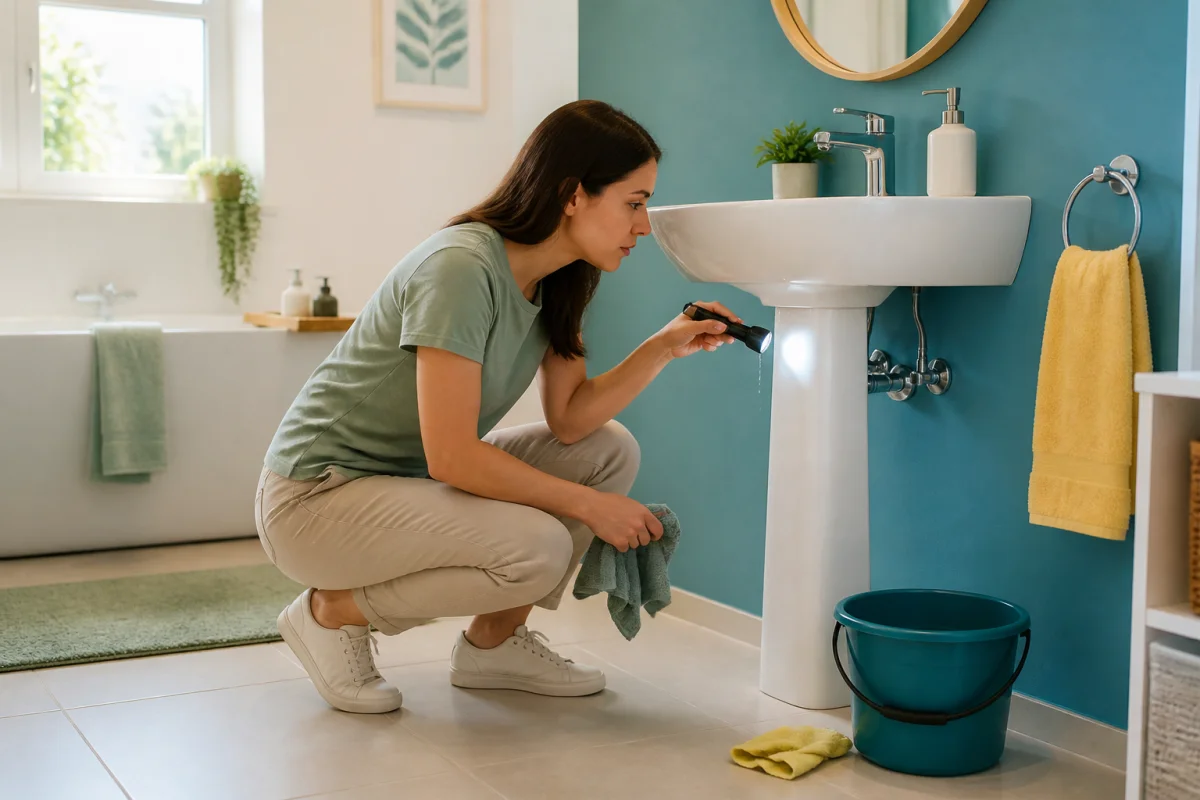 Personne inspectant les raccords sous un lavabo pour détecter une fuite d’eau dans un logement sans dégâts visibles