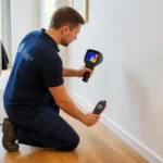Professionnel détectant une fuite d’eau dans un logement avec caméra thermique et humidimètre, sans endommager le mur ni le sol