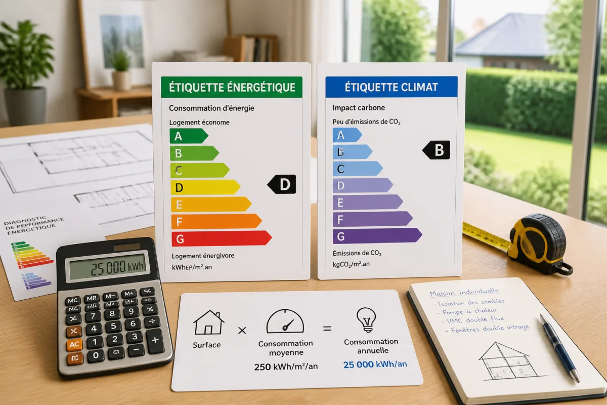 Diagnostic de performance énergétique maison avec étiquettes énergie et climat A à G, calculatrice et documents explicatifs.