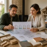 Propriétaire et professionnelle analysant un diagnostic de performance énergétique et des travaux pour une maison ancienne