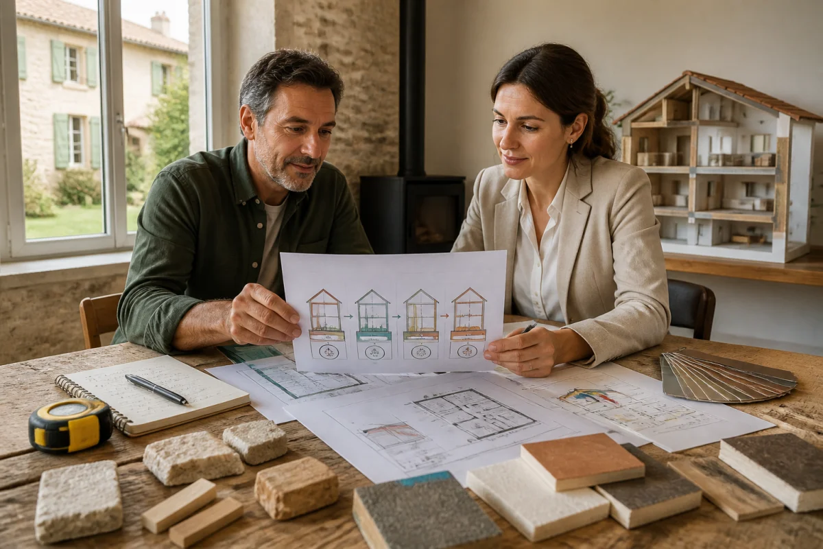Propriétaire et professionnelle analysant un diagnostic de performance énergétique et des travaux pour une maison ancienne