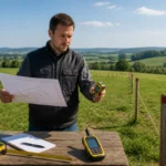 Géomètre mesurant une parcelle rurale avec télémètre laser, plan cadastral, GPS et piquets de bornage.
