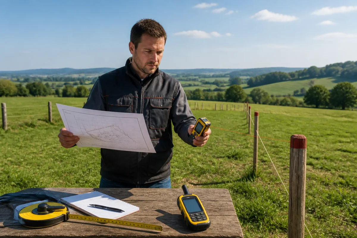 Géomètre mesurant une parcelle rurale avec télémètre laser, plan cadastral, GPS et piquets de bornage.