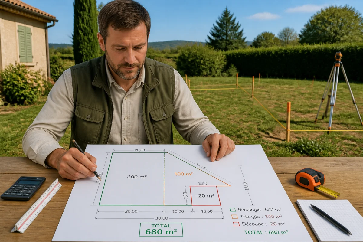 Géomètre calculant comment estimer la surface d’un terrain irrégulier à partir d’un plan coté de 680 m²