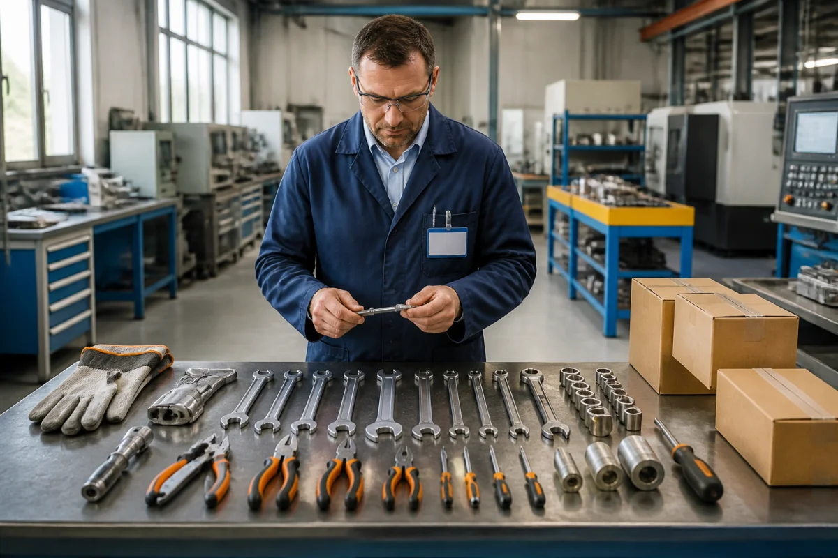 Atelier industriel montrant la fabrication d’outils professionnels associés à la marque Titan, contrôlés par un opérateur.