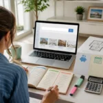 Personne préparant un projet immobilier devant un ordinateur, avec plans, budget et notes organisées dans un bureau lumineux