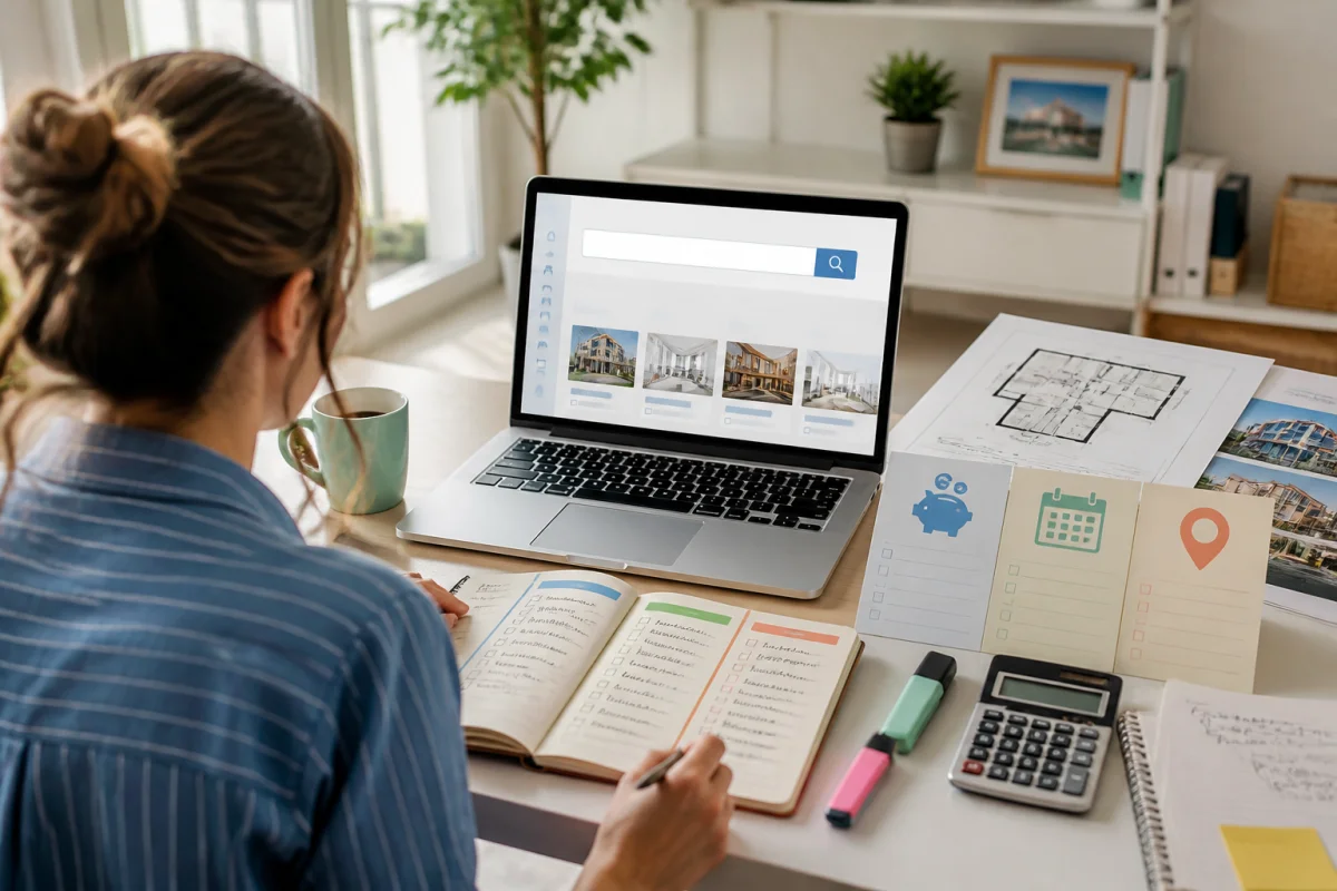 Personne préparant un projet immobilier devant un ordinateur, avec plans, budget et notes organisées dans un bureau lumineux