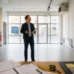 Futur locataire inspectant un local commercial vacant avec plans, mètre ruban et appareil photo avant signature du bail
