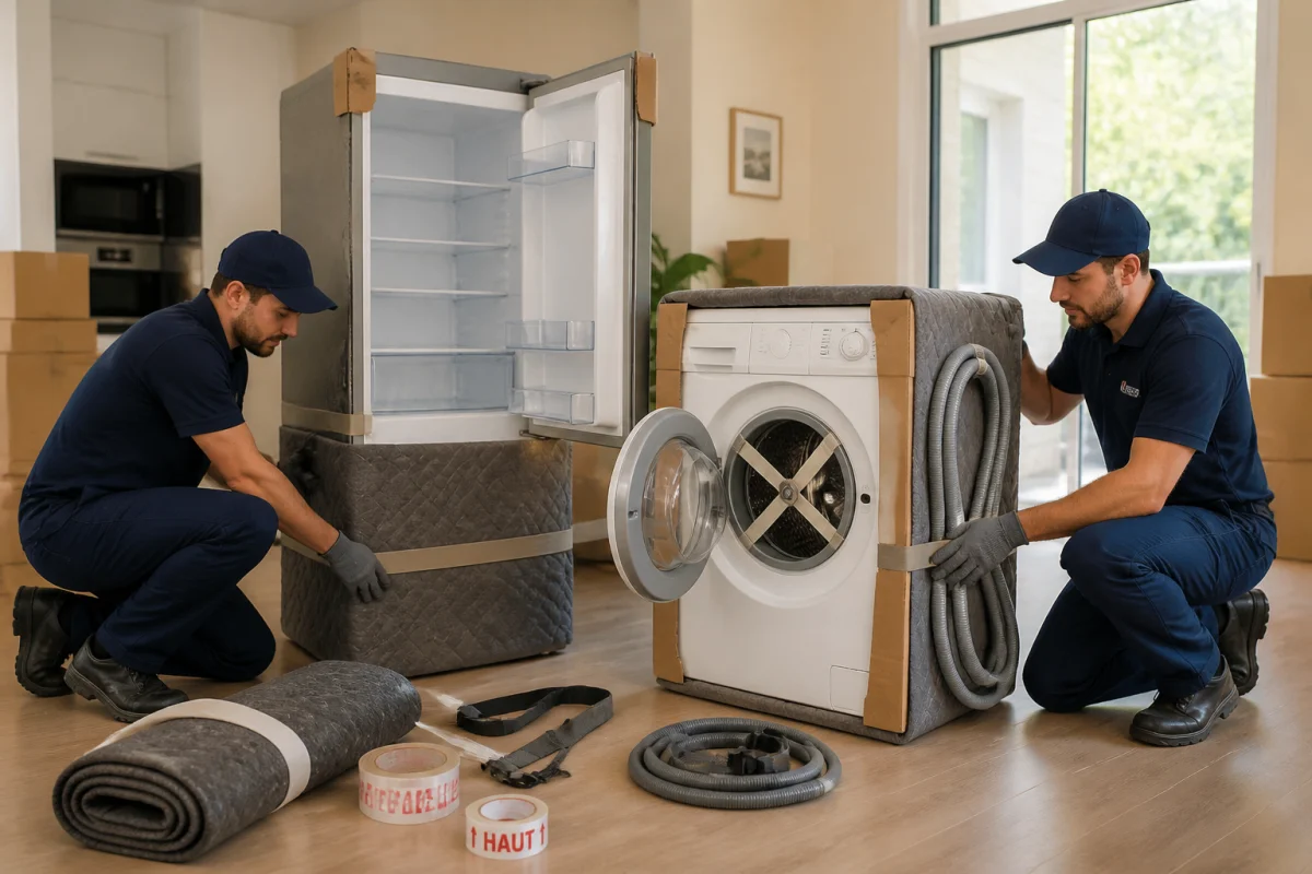 Déménageurs préparant un réfrigérateur et un lave-linge pour organiser un déménagement de maison sans stress