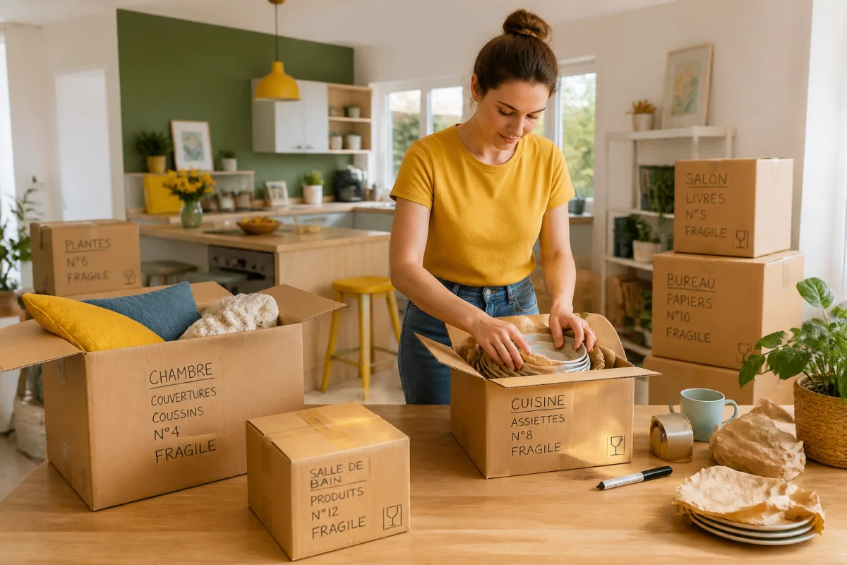 Personne organisant un déménagement de maison, emballant soigneusement des assiettes et étiquetant des cartons par pièce.