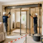 Professionnels équipés installant des étais et une poutre pour ouvrir un mur porteur en maison en toute sécurité