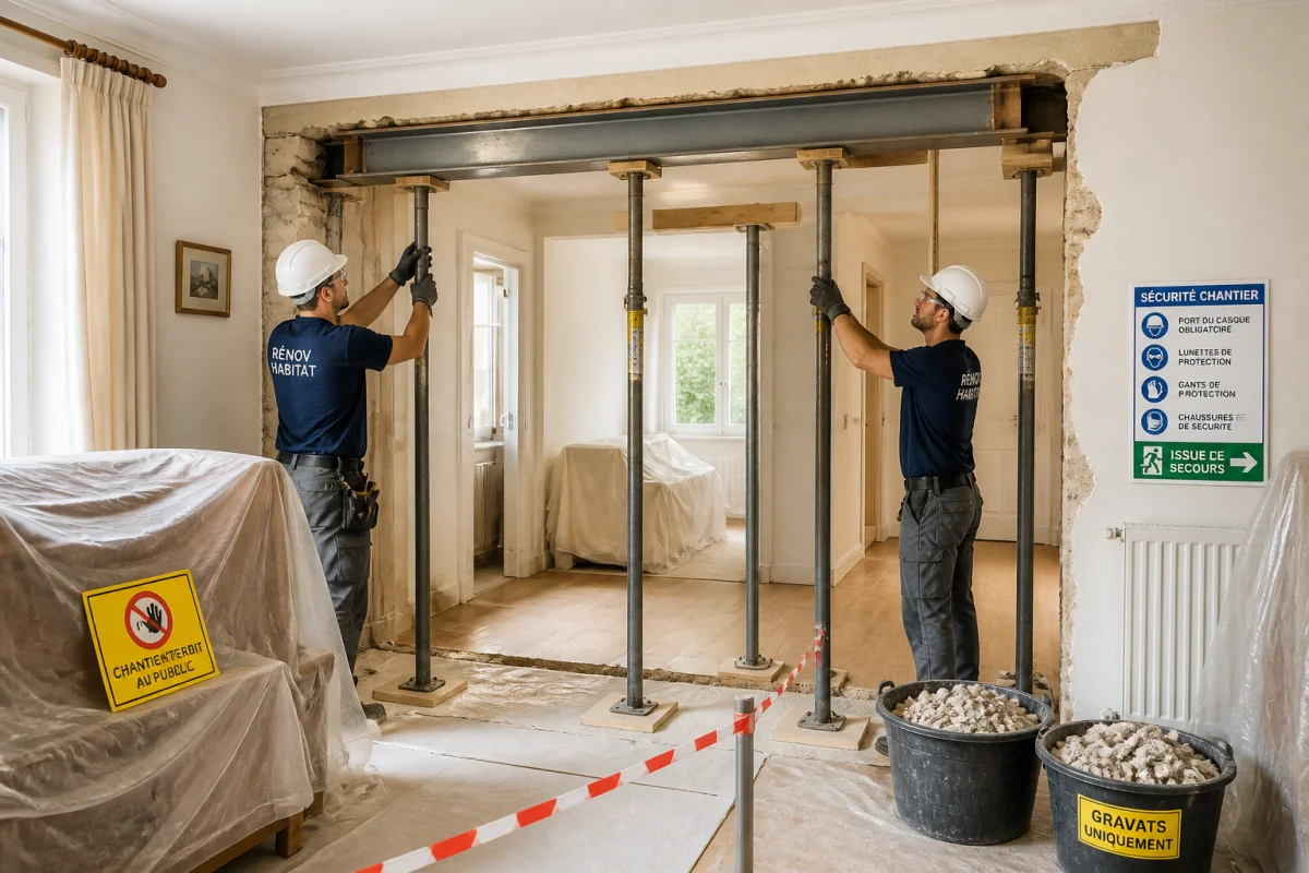 Professionnels équipés installant des étais et une poutre pour ouvrir un mur porteur en maison en toute sécurité