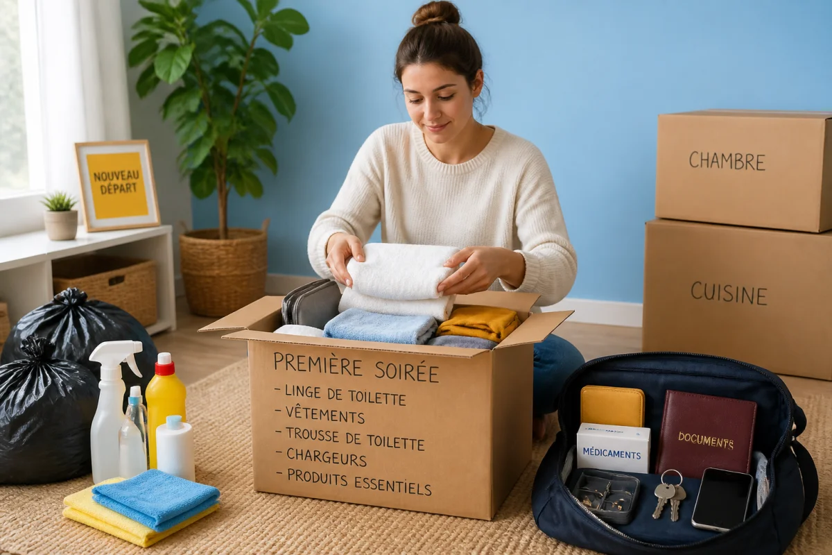 Personne préparant un carton de première soirée et un sac d’indispensables pour un déménagement organisé