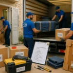 Équipe organisée chargeant meubles protégés et cartons étiquetés dans un véhicule pour préparer un déménagement sereinement.
