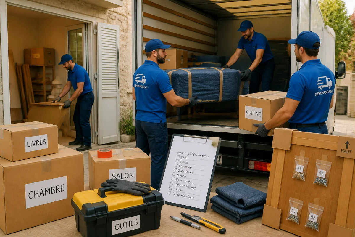 Équipe organisée chargeant meubles protégés et cartons étiquetés dans un véhicule pour préparer un déménagement sereinement.