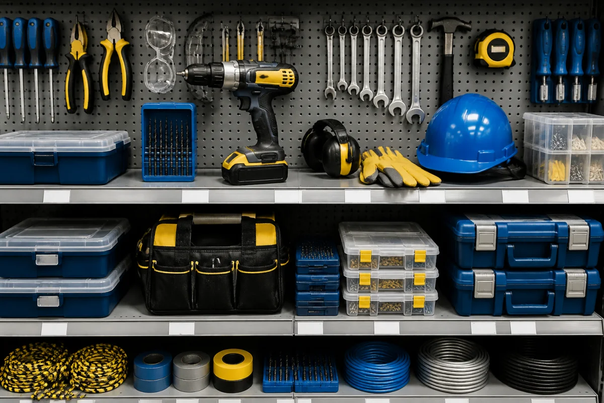 Sélection de produits de bricolage robustes en rayon, illustrant l’univers de la marque Titan et son fabricant.