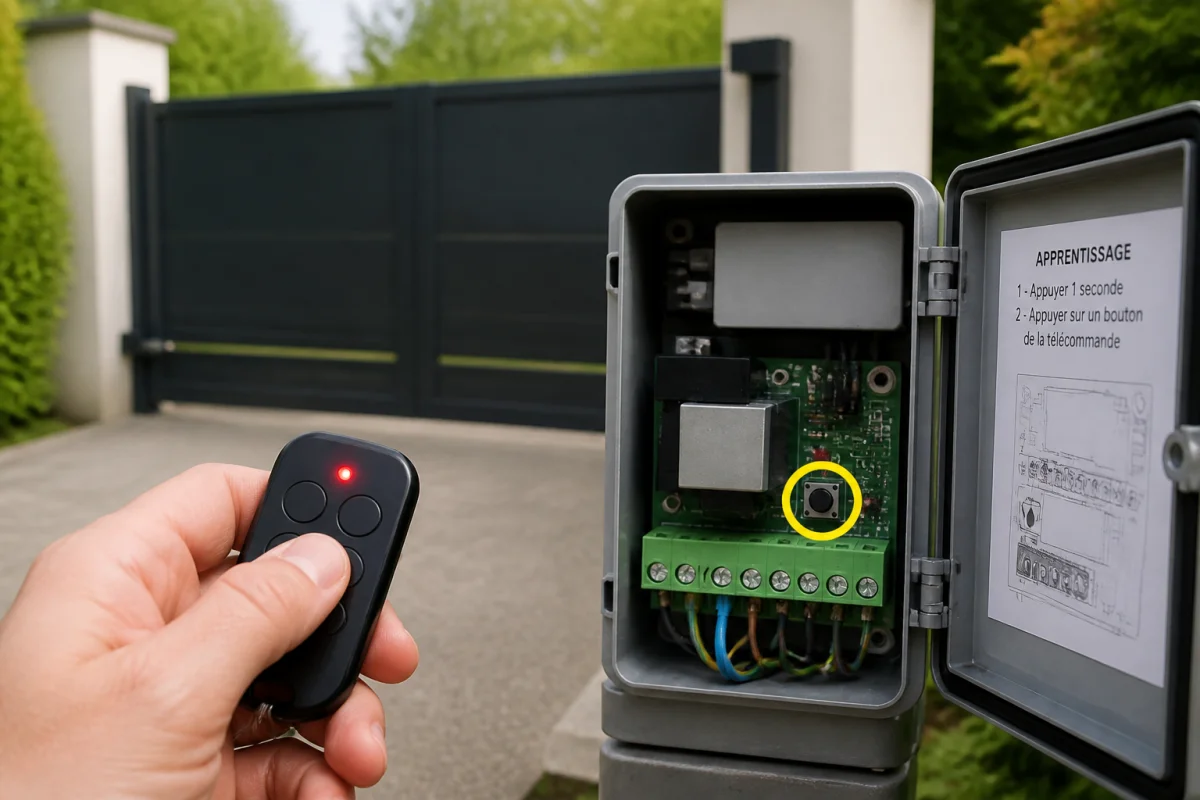 Télécommande de portail qui ne répond plus, voyant allumé et bouton d’apprentissage du coffret de motorisation ouvert