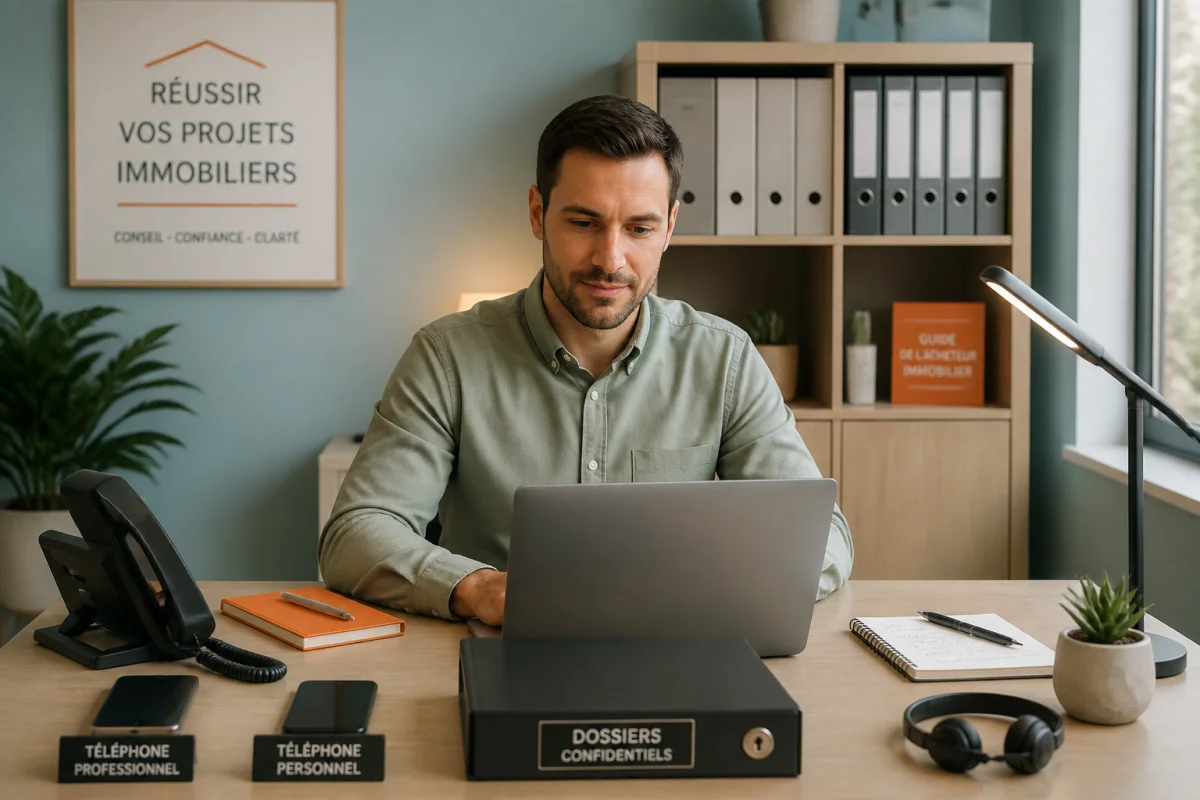 Agent immobilier travaillant à domicile dans un bureau organisé avec ordinateur portable, dossiers immobiliers et téléphone professionnel